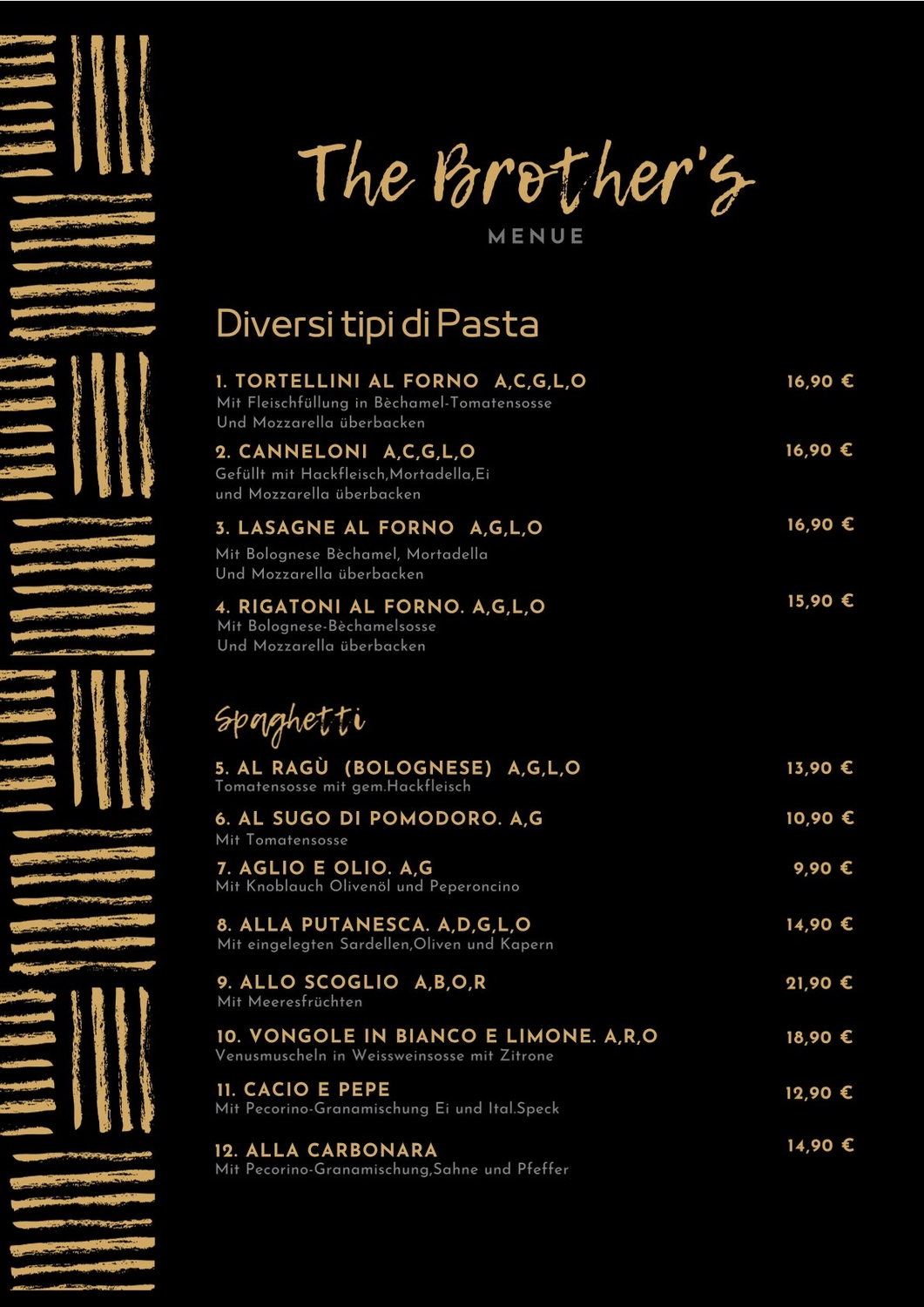 The Brothers – Pasta – Speisekarte