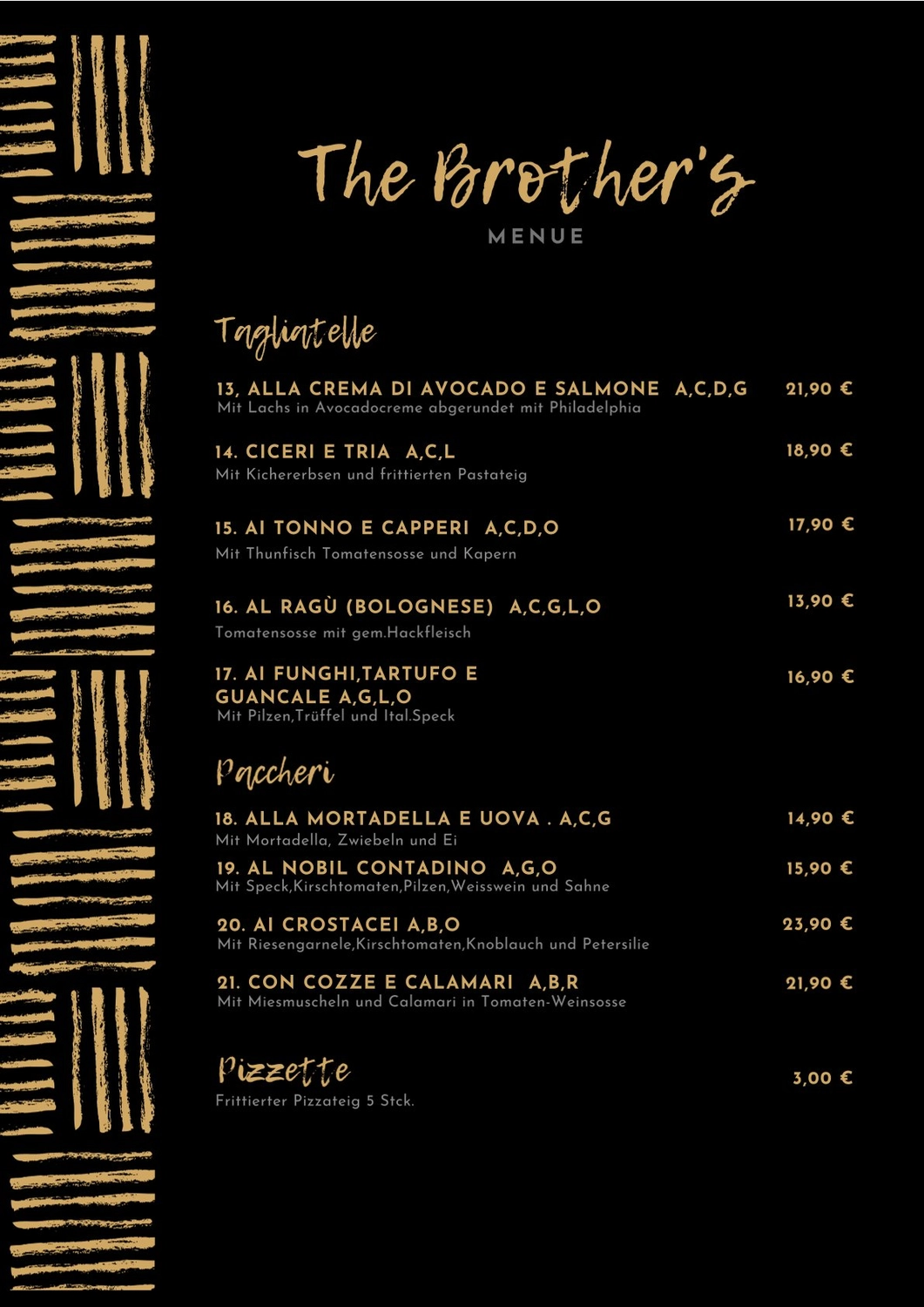 The Brothers – Pasta – Speisekarte