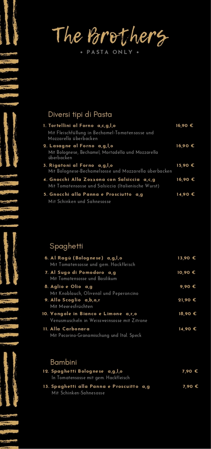 The Brothers – Pasta – Speisekarte