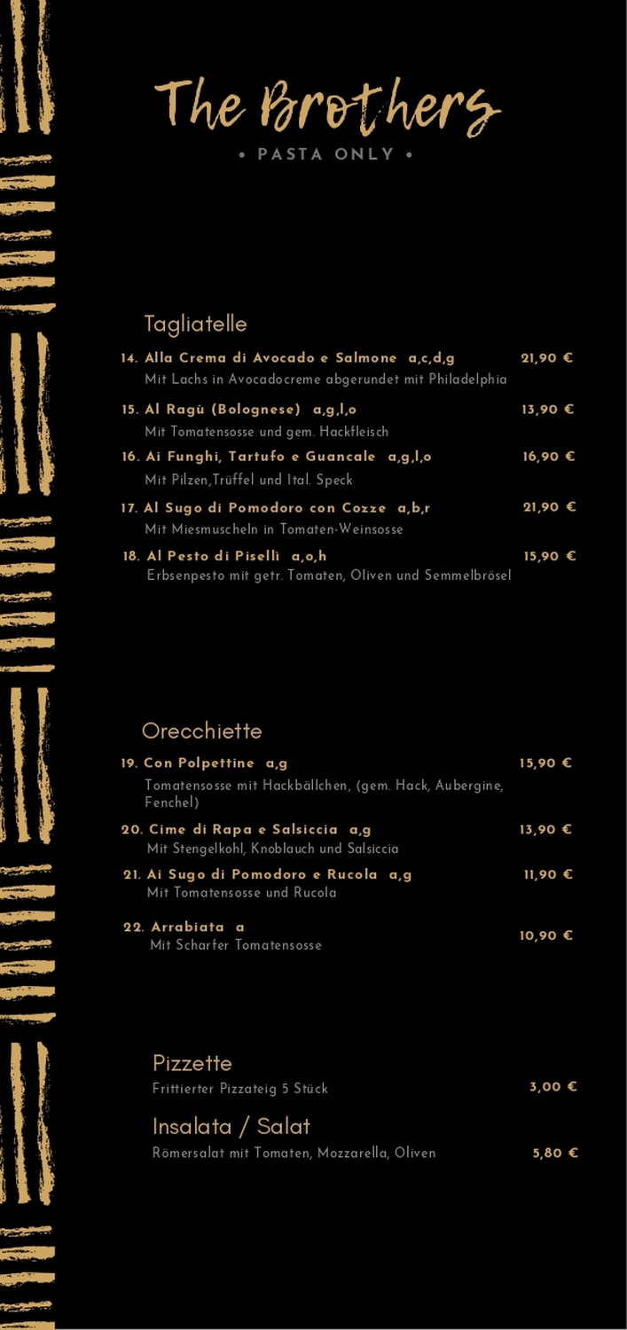 The Brothers – Pasta – Speisekarte